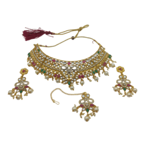 Traditional Kundan Style Green & White Stone Bridal Necklace Set for Women